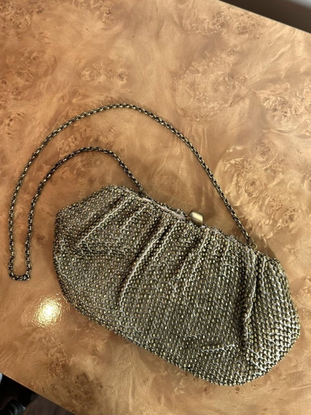 Santi Beaded Evening Bag Bronze Gold Pleated Clutch Chain Strap Formal Purse